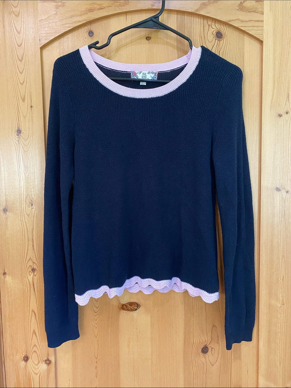 Pink Rose Navy Crewneck Sweater with Light Pink Trim